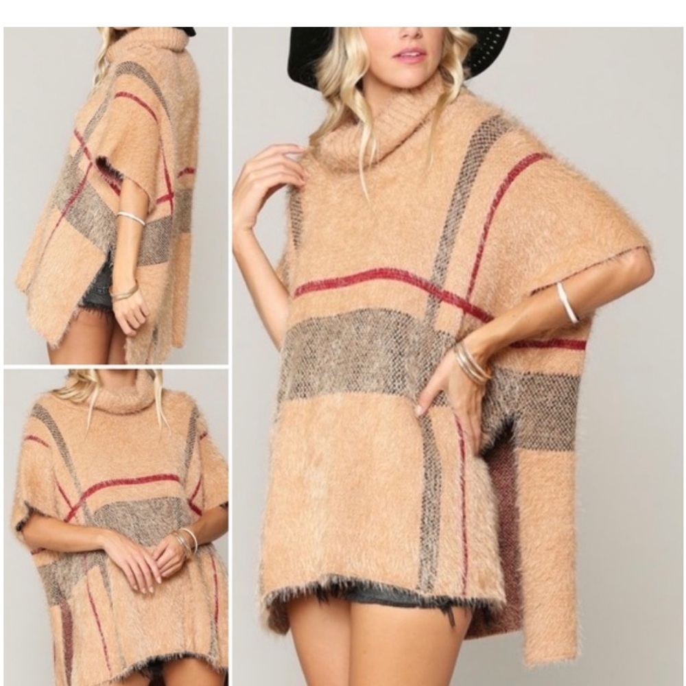 Anthropologie Do Everything in Love Tan and Red Plaid Cowl Neck Poncho OS